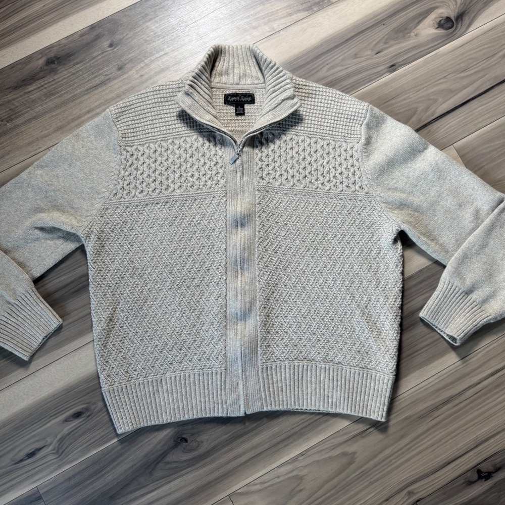Kenneth Roberts Platinum Mens XL Full Zip Sweater Beige Cotton Wool Blend Knit